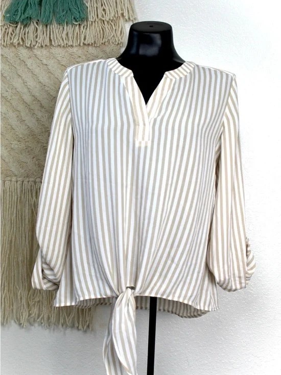 Chico's Size 0 Striped Long Sleeve Front
Tie Blouse Tan, white chifon - Picture 4 of 8